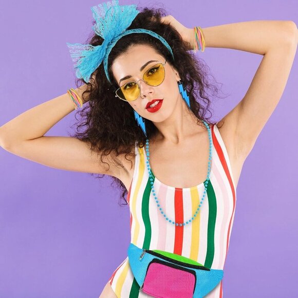 80s Costume Accessories Set Neon Fishnet Gloves Fanny Pack Earrings main image 4